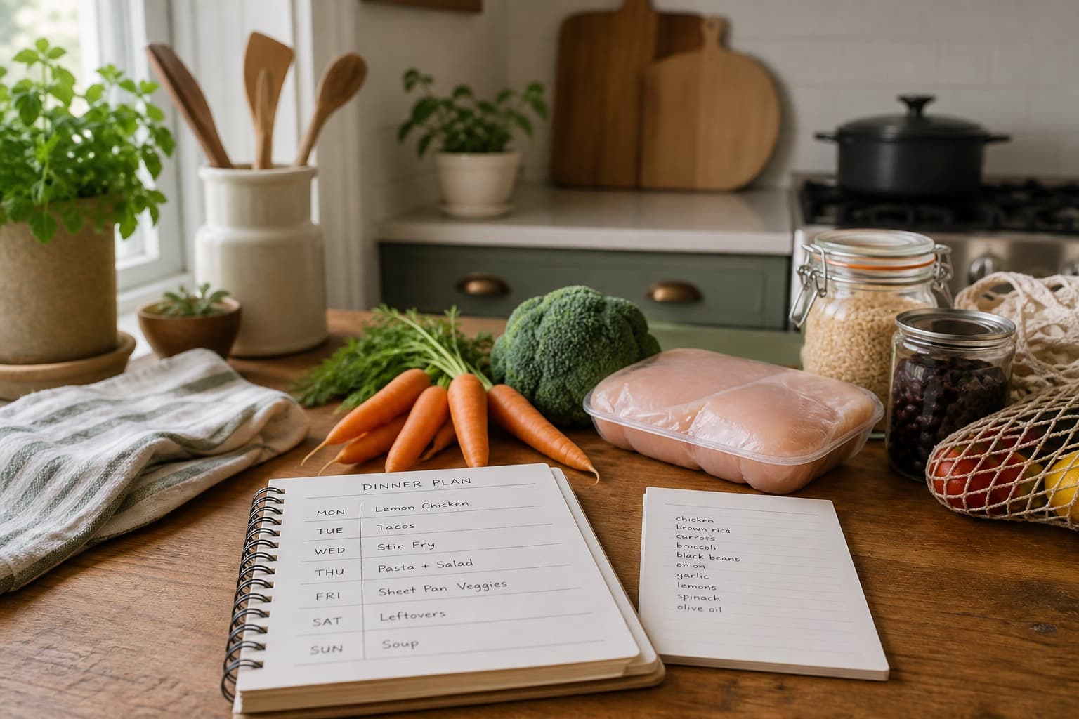 A simple weekly meal plan and grocery list ready on the kitchen counter