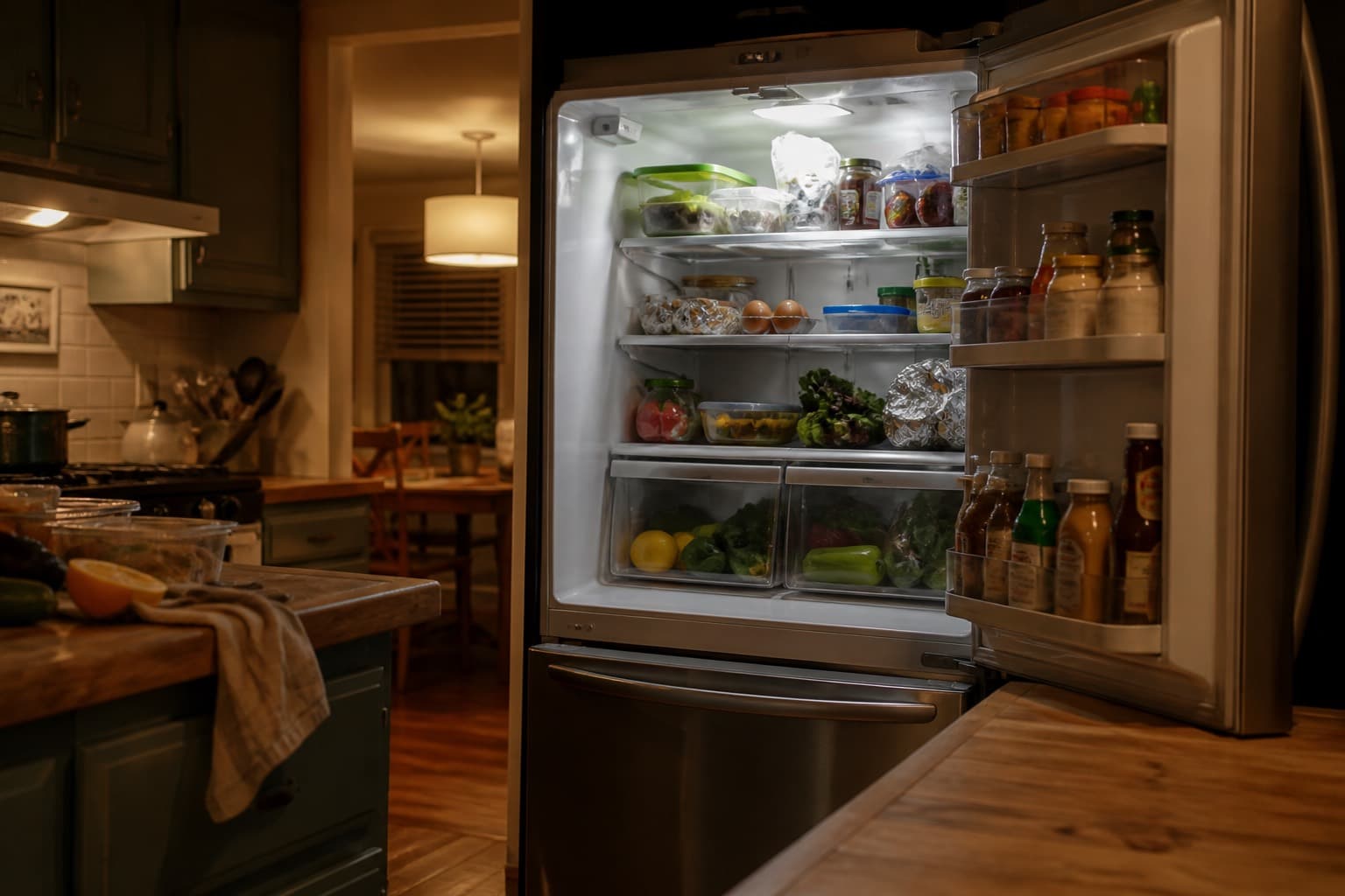 An open fridge at the end of a long day, when dinner still isn’t decided