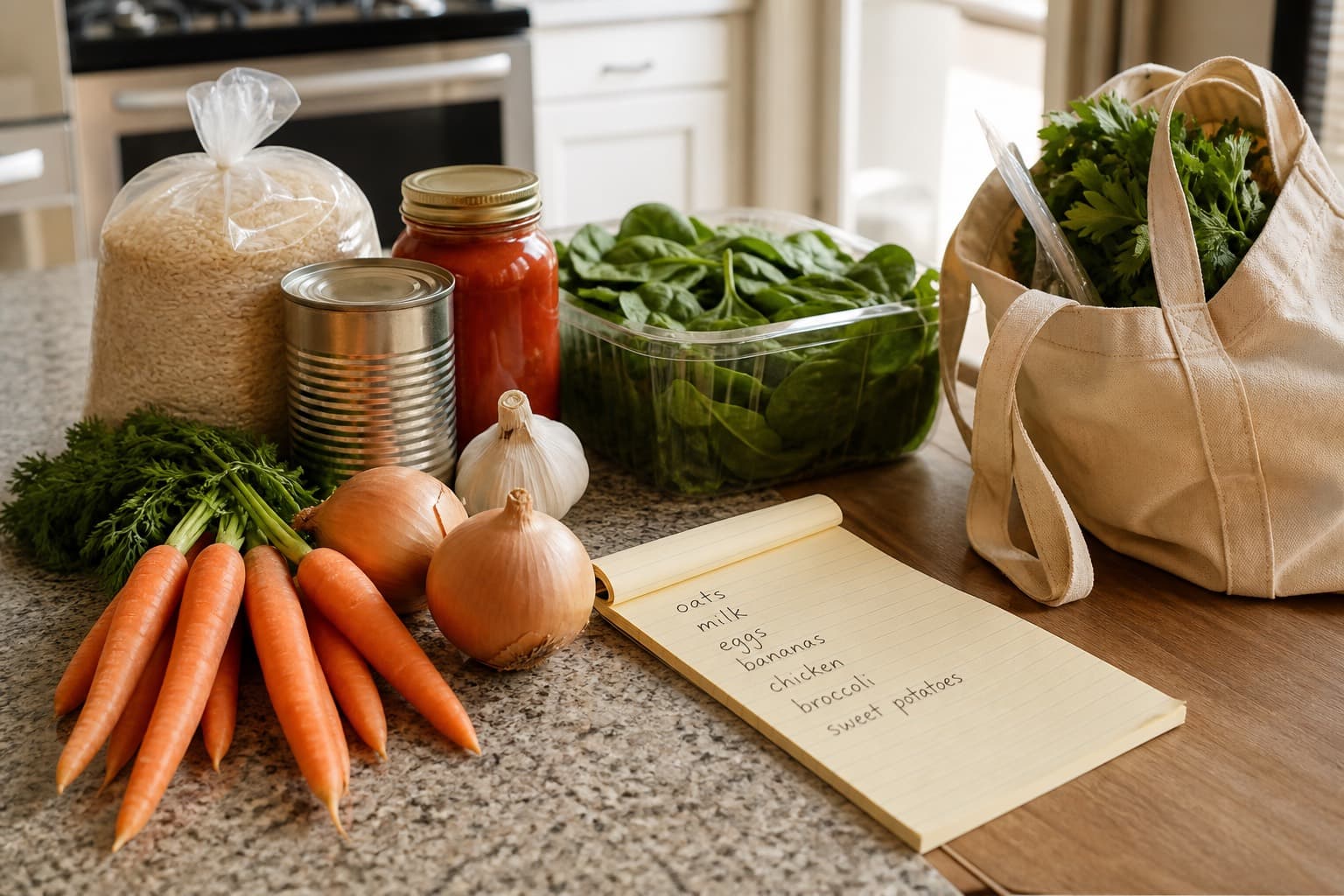 A grocery list beside everyday produce and pantry staples ready for shopping