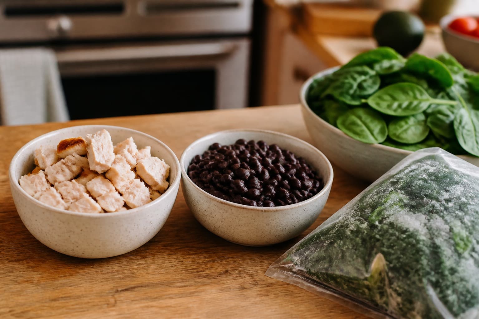 Simple ingredient swap options with chicken, beans, and greens on a kitchen counter