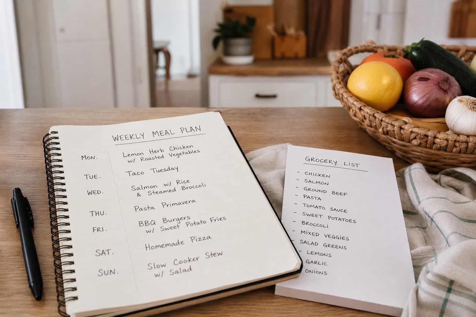 A handwritten weekly dinner plan and grocery checklist on a kitchen table